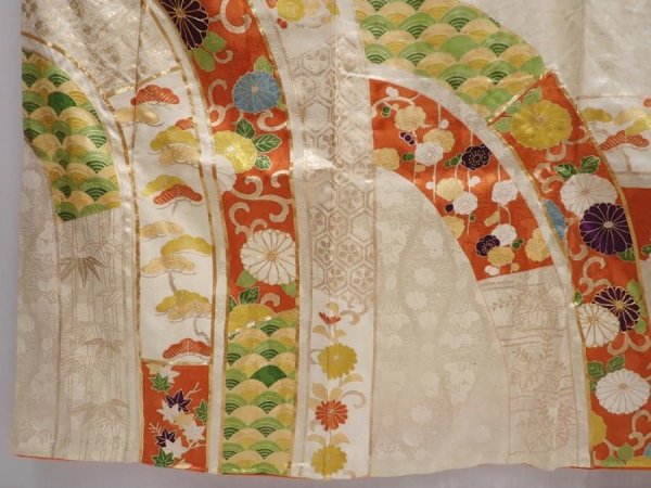 Photo6: 6105T10z1040 Vintage Japanese Kimono Silk FURISODE Flowers Off-white (6)