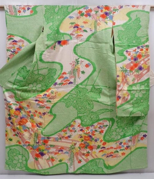 Photo1: 6105T11z1170 Vintage Japanese Kimono Silk FURISODE Flowers Green (1)