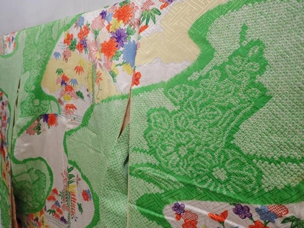 Photo2: 6105T11z1170 Vintage Japanese Kimono Silk FURISODE Flowers Green (2)