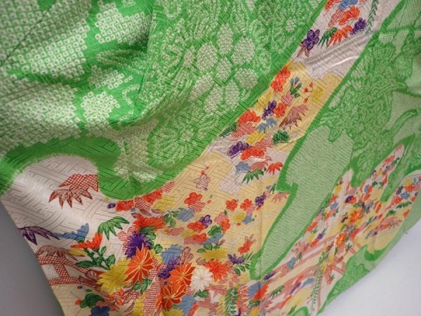 Photo3: 6105T11z1170 Vintage Japanese Kimono Silk FURISODE Flowers Green (3)