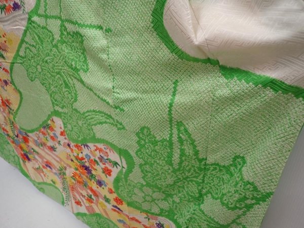 Photo4: 6105T11z1170 Vintage Japanese Kimono Silk FURISODE Flowers Green (4)
