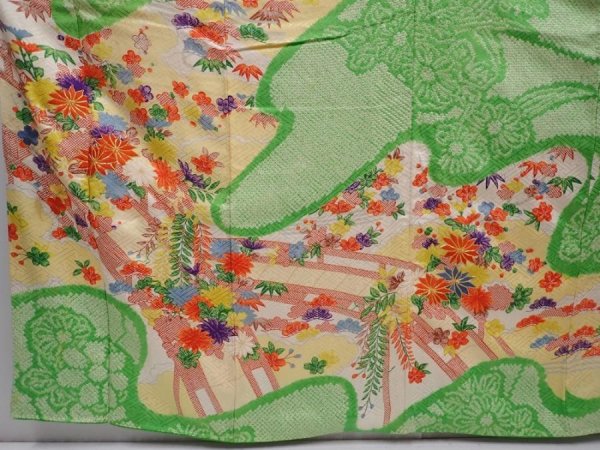 Photo5: 6105T11z1170 Vintage Japanese Kimono Silk FURISODE Flowers Green (5)