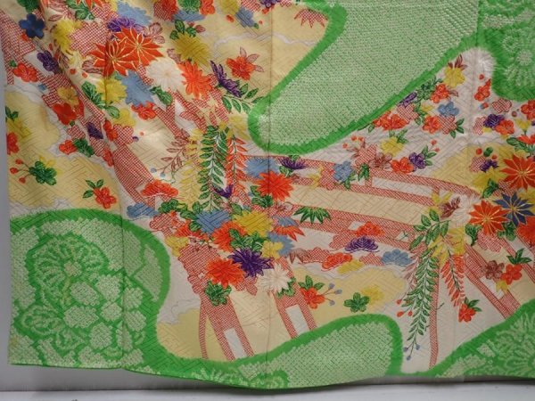 Photo6: 6105T11z1170 Vintage Japanese Kimono Silk FURISODE Flowers Green (6)