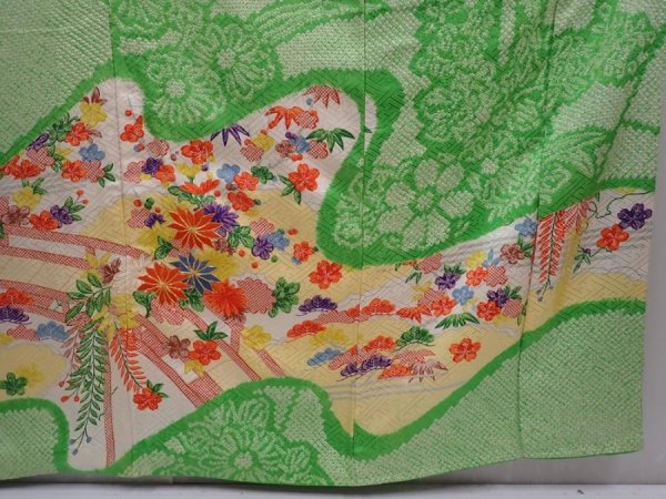 Photo7: 6105T11z1170 Vintage Japanese Kimono Silk FURISODE Flowers Green (7)