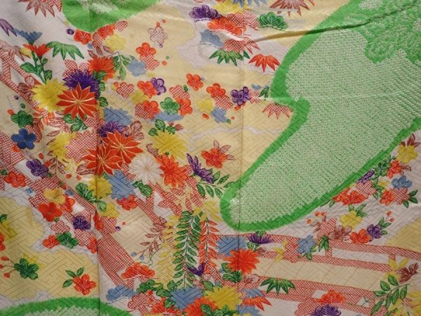 Photo8: 6105T11z1170 Vintage Japanese Kimono Silk FURISODE Flowers Green (8)