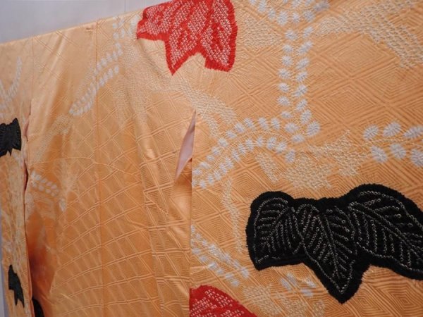 Photo2: 6105T12z1150 Vintage Japanese Kimono Silk FURISODE Paulownia Cream-Orange (2)