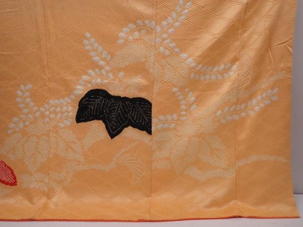 Photo7: 6105T12z1150 Vintage Japanese Kimono Silk FURISODE Paulownia Cream-Orange (7)
