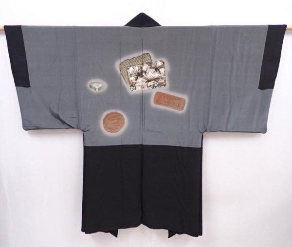 Photo1: 6106T01z530 Vintage Japanese Kimono Silk Men's HAORI  Black (1)