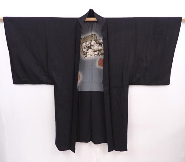 Photo5: 6106T01z530 Vintage Japanese Kimono Silk Men's HAORI  Black (5)