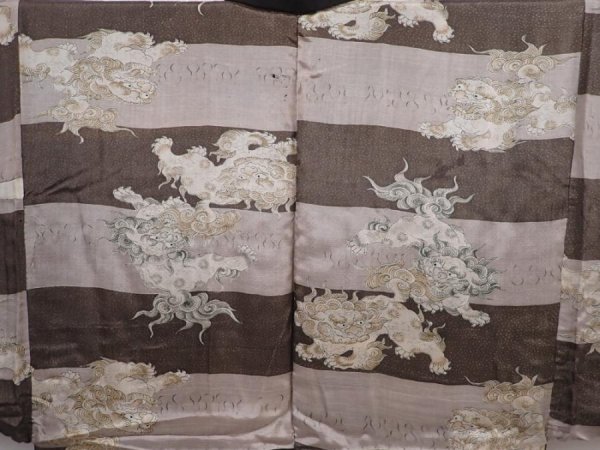 Photo2: 6106T02z600 Vintage Japanese Kimono Silk Men's HAORI Shishi Dark brown (2)