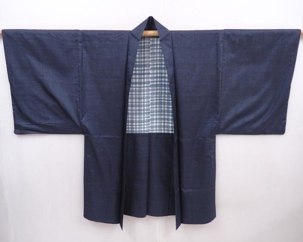 Photo1: 6106T05z490 Vintage Japanese Kimono Silk Men's OSHIMA HAORI  Navy-Gray (1)
