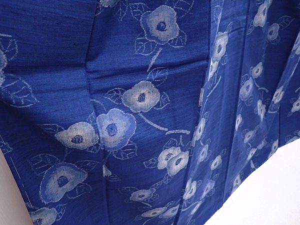 Photo3: 6106T08z800 Vintage Japanese Kimono Silk TSUMUGI Camellia Oriental blue (3)