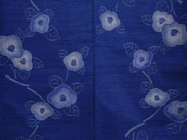 Photo5: 6106T08z800 Vintage Japanese Kimono Silk TSUMUGI Camellia Oriental blue (5)