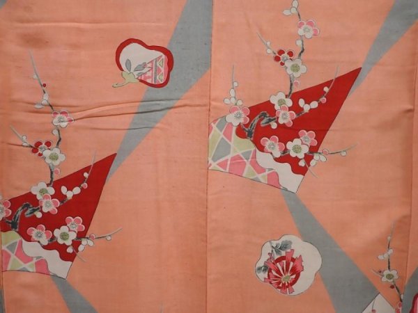 Photo4: 6106T09z700 Antique Japanese Kimono Silk KOMON Flowers Peach (4)