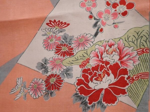 Photo5: 6106T09z700 Antique Japanese Kimono Silk KOMON Flowers Peach (5)