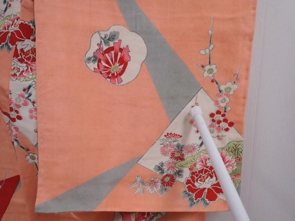 Photo7: 6106T09z700 Antique Japanese Kimono Silk KOMON Flowers Peach (7)