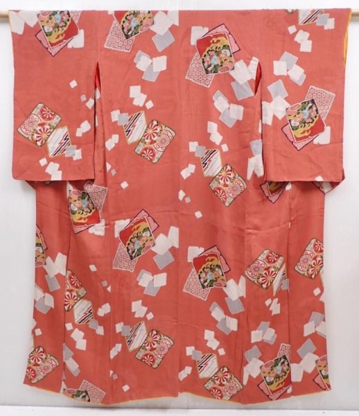 Photo1: 6106T10z520 Antique Japanese Kimono Silk KOMON  Dark coral (1)