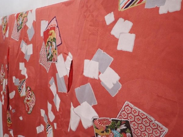 Photo2: 6106T10z520 Antique Japanese Kimono Silk KOMON  Dark coral (2)