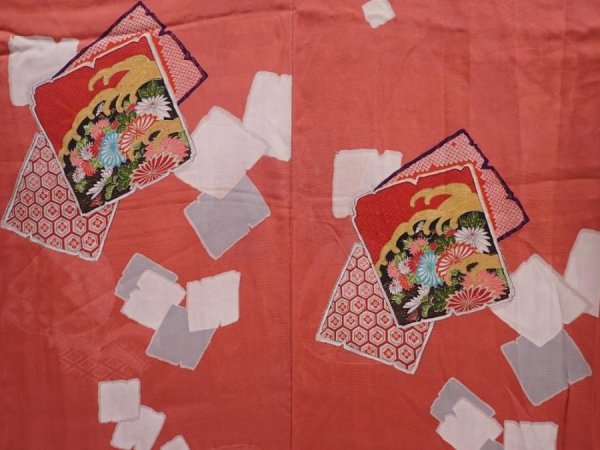 Photo5: 6106T10z520 Antique Japanese Kimono Silk KOMON  Dark coral (5)