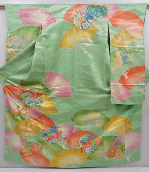 Photo1: 6106T12z1120 Vintage Japanese Kimono Silk FURISODE Flying crane Light green (1)