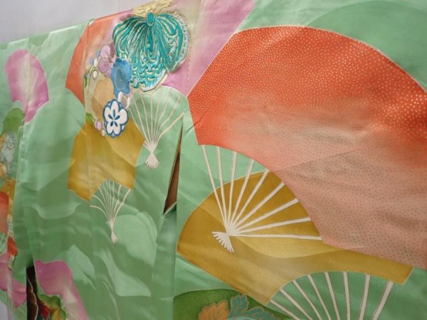 Photo2: 6106T12z1120 Vintage Japanese Kimono Silk FURISODE Flying crane Light green (2)