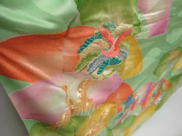 Photo3: 6106T12z1120 Vintage Japanese Kimono Silk FURISODE Flying crane Light green (3)