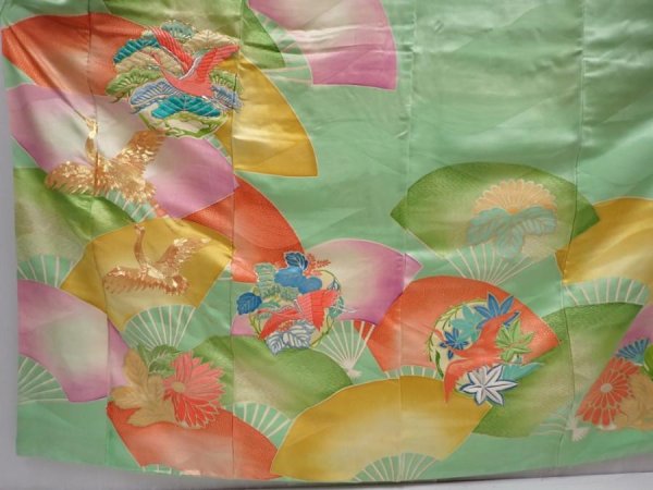 Photo5: 6106T12z1120 Vintage Japanese Kimono Silk FURISODE Flying crane Light green (5)