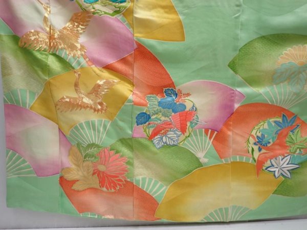 Photo6: 6106T12z1120 Vintage Japanese Kimono Silk FURISODE Flying crane Light green (6)