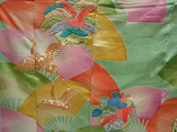 Photo8: 6106T12z1120 Vintage Japanese Kimono Silk FURISODE Flying crane Light green (8)
