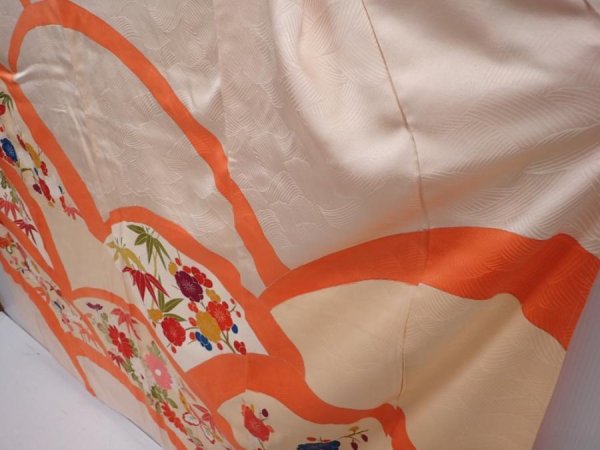 Photo4: 6106T13z1050 Vintage Japanese Kimono Silk FURISODE Flowers Light peach (4)