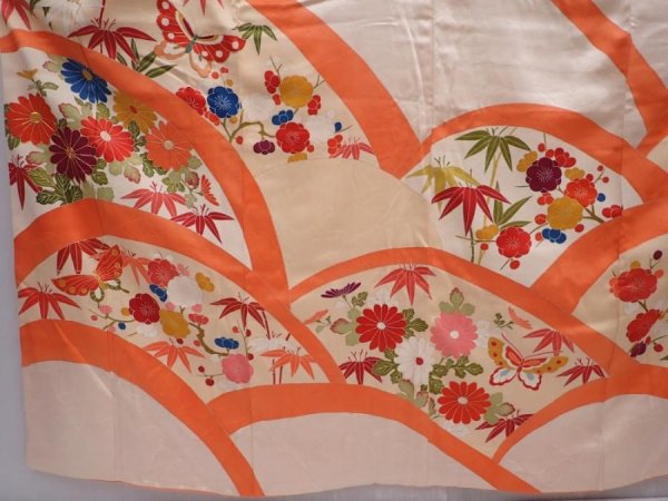 Photo5: 6106T13z1050 Vintage Japanese Kimono Silk FURISODE Flowers Light peach (5)