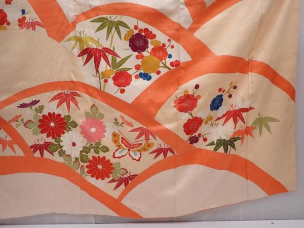 Photo7: 6106T13z1050 Vintage Japanese Kimono Silk FURISODE Flowers Light peach (7)