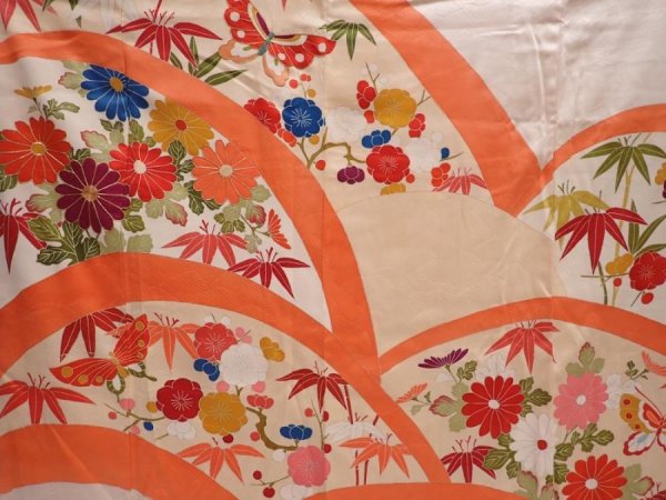 Photo8: 6106T13z1050 Vintage Japanese Kimono Silk FURISODE Flowers Light peach (8)