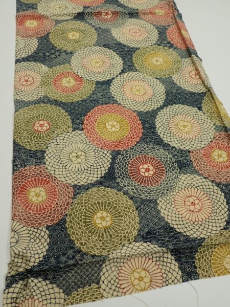 Photo2: 3P01z60  Japanese Kimono Silk  FABRIC Chrysanthemum Navy 41.3x14.4 (2)