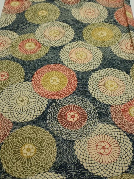 Photo1: 3P02z60  Japanese Kimono Silk  FABRIC Chrysanthemum Navy 40.9x14.4 (1)