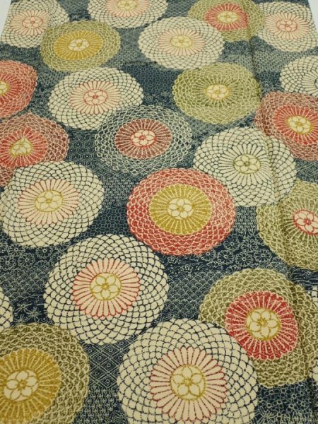 Photo1: 3P06z90  Japanese Kimono Silk  FABRIC Chrysanthemum Navy 66.9x14.4 (1)