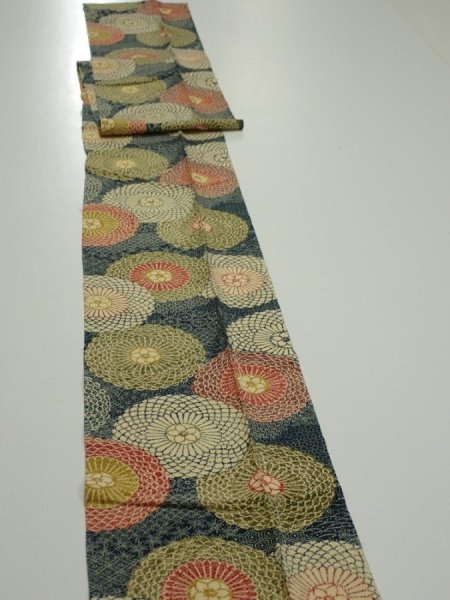 Photo3: 3P09z60  Japanese Kimono Silk  FABRIC Chrysanthemum Navy 79.5x7.1 (3)