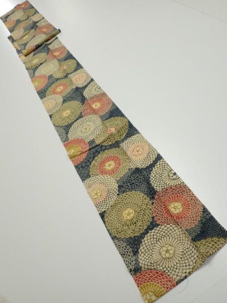 Photo5: 3P09z60  Japanese Kimono Silk  FABRIC Chrysanthemum Navy 79.5x7.1 (5)