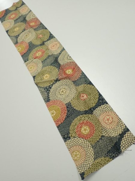 Photo1: 3P10z30  Japanese Kimono Silk  FABRIC Chrysanthemum Navy 37.8x7.1 (1)