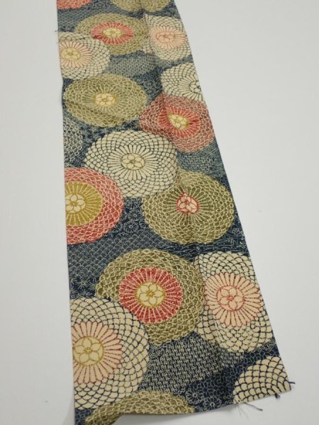 Photo3: 3P10z30  Japanese Kimono Silk  FABRIC Chrysanthemum Navy 37.8x7.1 (3)