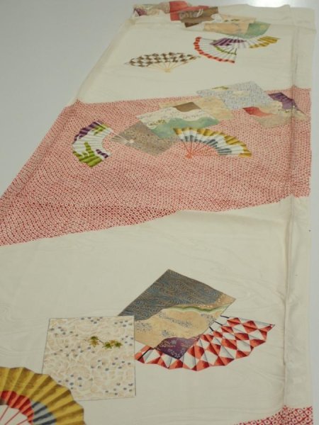 Photo3: 3P01z80  Japanese Kimono Silk  FABRIC Folding fan Off-white 56.7x14.8 (3)