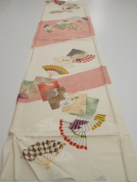 Photo5: 3P01z80  Japanese Kimono Silk  FABRIC Folding fan Off-white 56.7x14.8 (5)