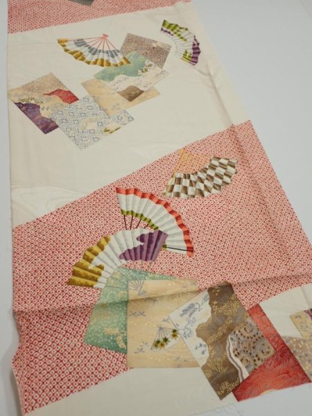 Photo2: 3P02z80  Japanese Kimono Silk  FABRIC Folding fan Off-white 55.9x14.8 (2)