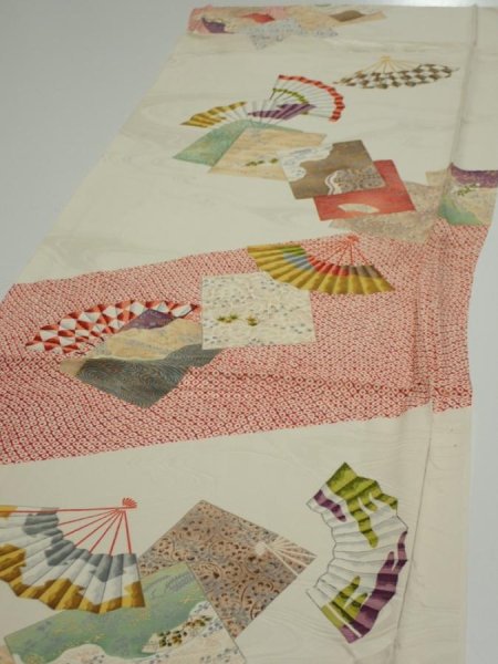 Photo3: 3P02z80  Japanese Kimono Silk  FABRIC Folding fan Off-white 55.9x14.8 (3)