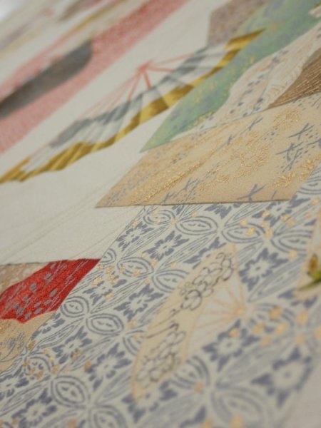 Photo4: 3P02z80  Japanese Kimono Silk  FABRIC Folding fan Off-white 55.9x14.8 (4)