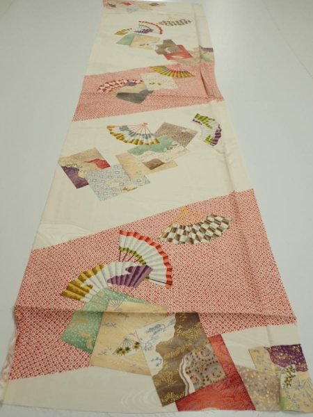 Photo5: 3P02z80  Japanese Kimono Silk  FABRIC Folding fan Off-white 55.9x14.8 (5)