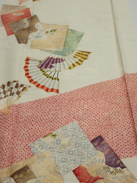 Photo1: 3P03z100  Japanese Kimono Silk  FABRIC Folding fan Off-white 69.3x14.8 (1)