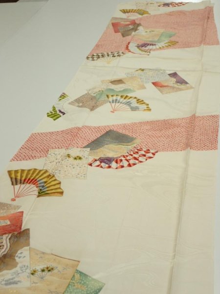 Photo3: 3P03z100  Japanese Kimono Silk  FABRIC Folding fan Off-white 69.3x14.8 (3)