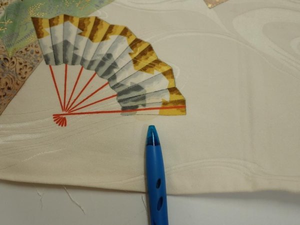 Photo6: 3P03z100  Japanese Kimono Silk  FABRIC Folding fan Off-white 69.3x14.8 (6)