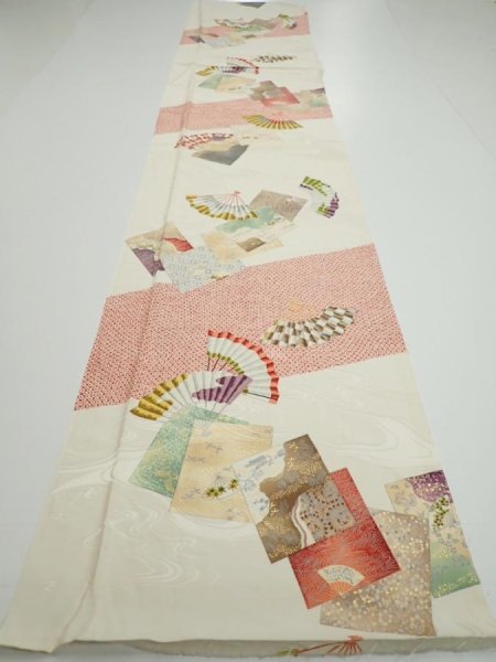 Photo5: 3P05z100  Japanese Kimono Silk  FABRIC Folding fan Off-white 67.7x14.8 (5)